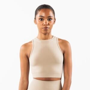 [Alphalete] Tan Linen Seamless Stratus Crop Tank Top Crew Neck Workout Size XL